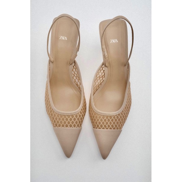 Zara NWT Mesh net detail pointed toe sling back heels size 40 - Picture 8 of 12